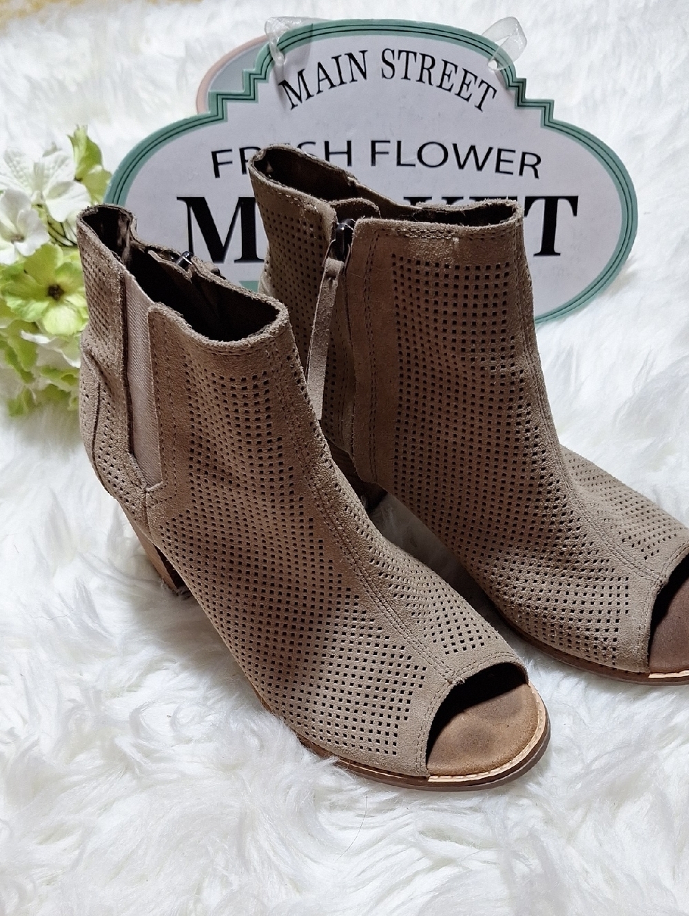 Toms Taupe Perforated Peep-Toe Ankle Booties